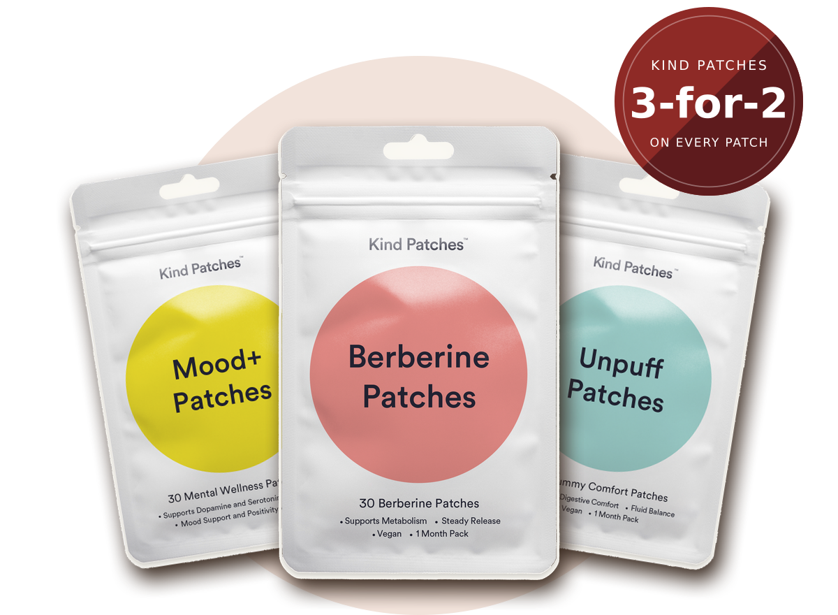 Kind Patches Berberine, Mood+ and Unpuff Patches side by side