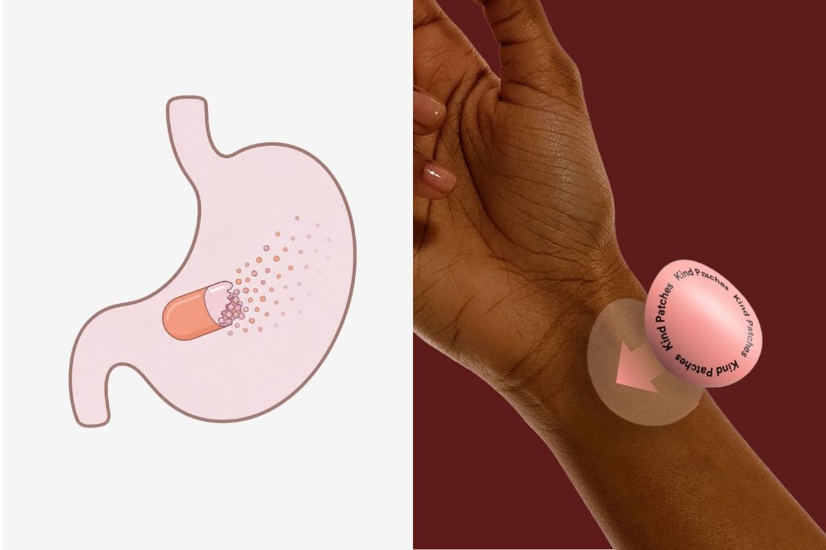Illustration of a capsule dissolving in the stomach next to a Kind Patch on the skin, with waves spreading from the patch into the surrounding tissue
