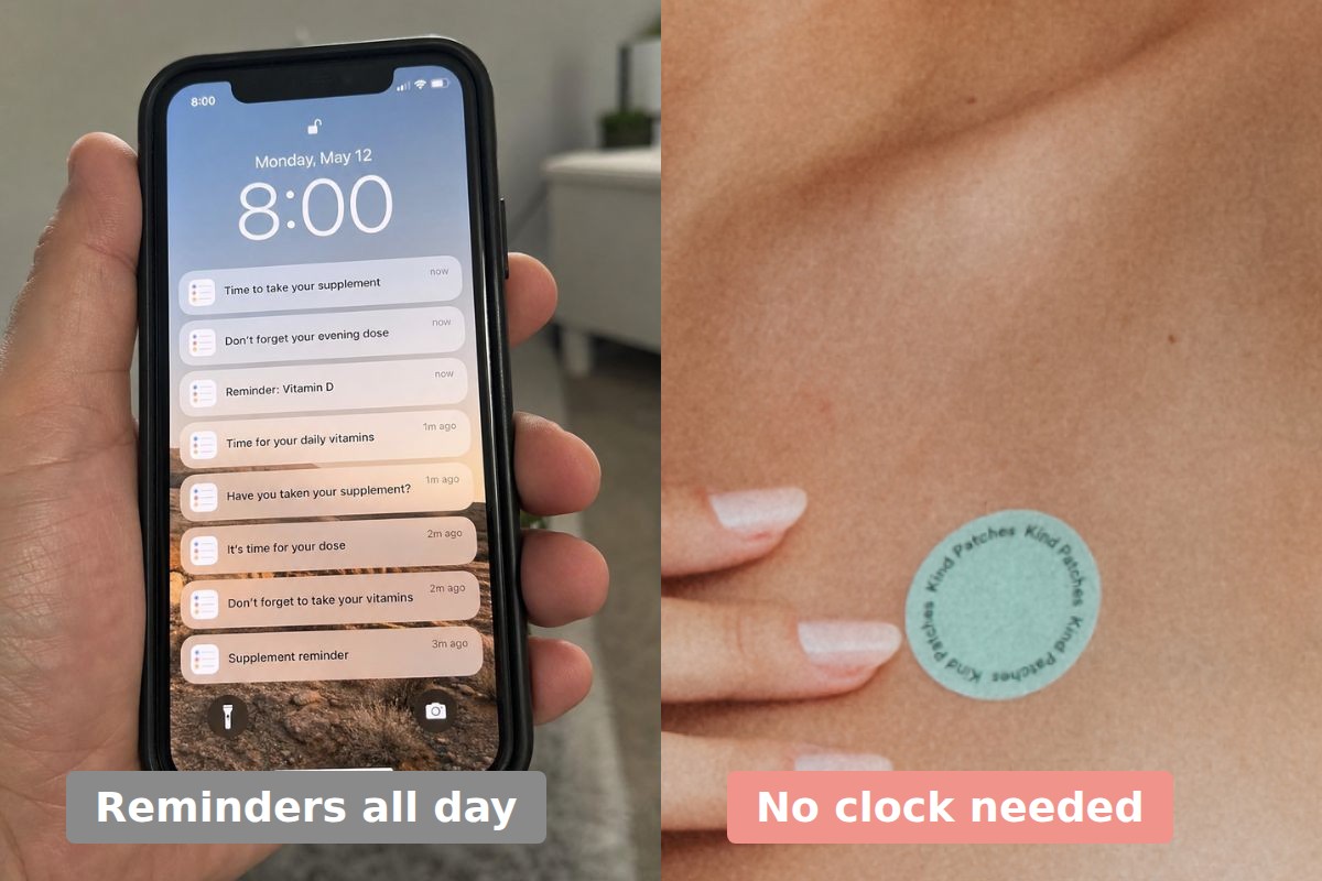 A phone full of supplement reminders next to a mint Kind Patches Unpuff patch worn on the chest, labelled "Reminders all day" and "No clock needed"