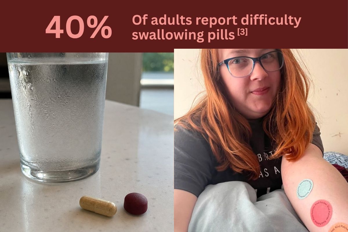 A glass of water with a capsule and a gummy next to a customer wearing Kind Patches in mint and coral