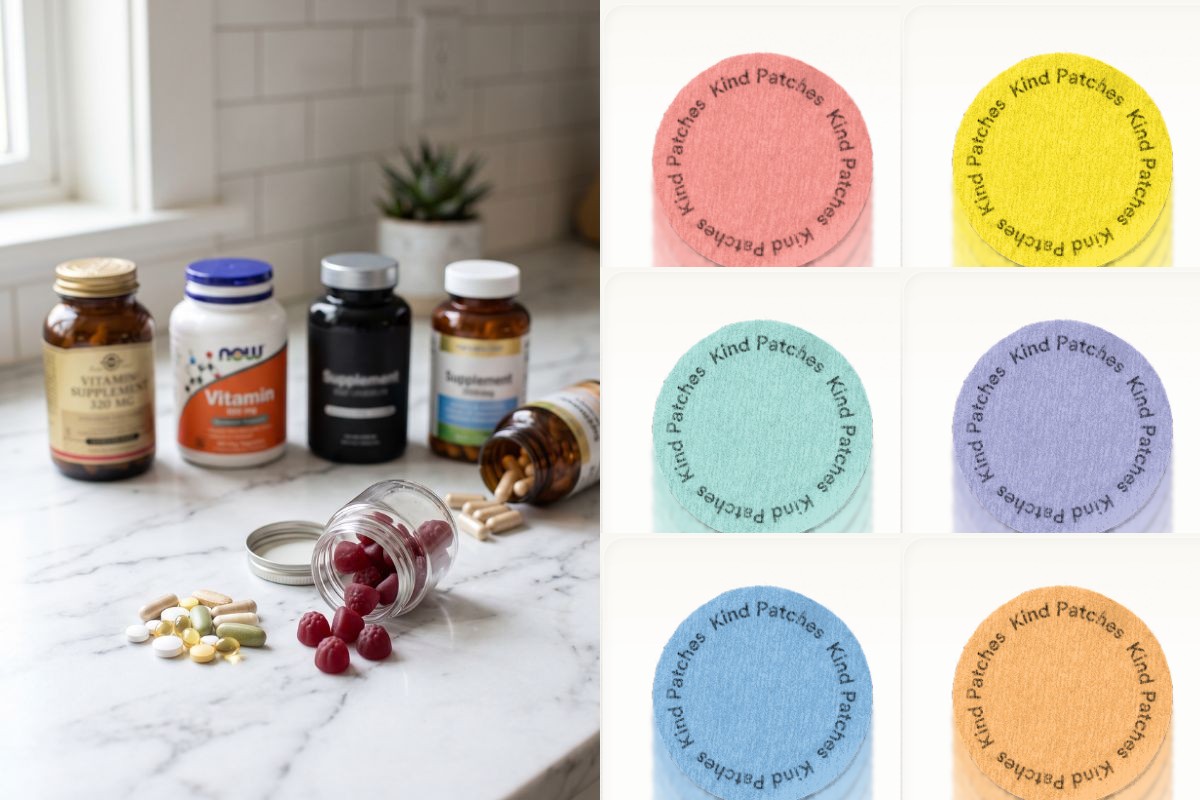 Supplement bottles, capsules and gummies on a kitchen counter next to six Kind Patches — Berberine, Mood+, Unpuff, Boost, Dream and Collagen