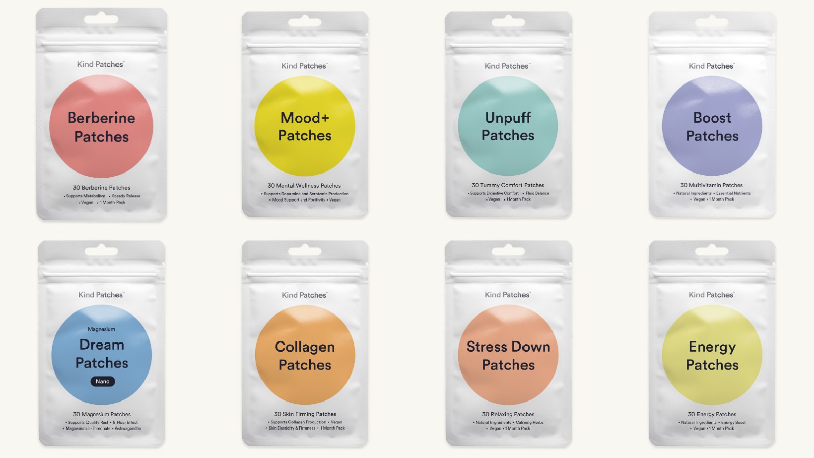 The Kind Patches range: Berberine, Mood+, Unpuff, Boost multivitamin, Dream, Collagen, Stress Down and Energy patches
