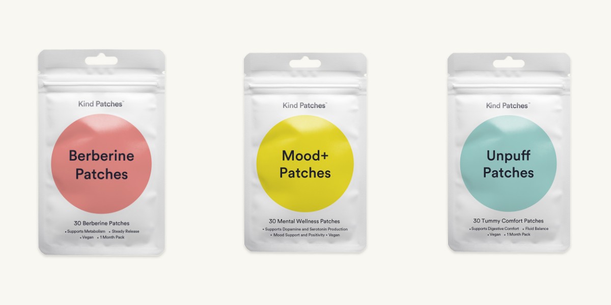 Kind Patches Berberine, Mood+ and Unpuff pouches side by side