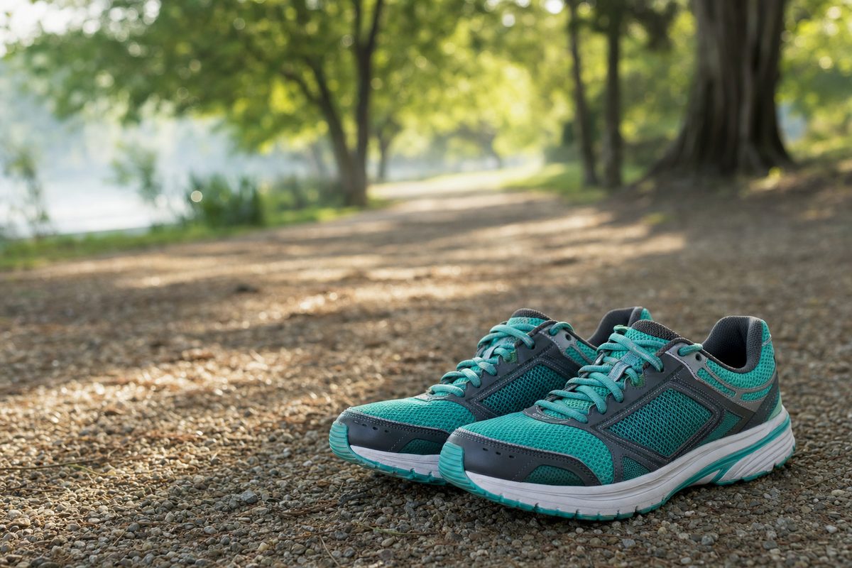 Running shoes standing on a gravel walking path in morning light