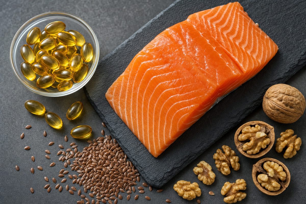 Salmon fillet on a slate board next to a bowl of fish oil capsules, walnuts and flaxseed